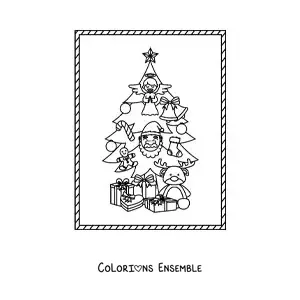 Image à colorier d'un sapin de Noël décoré avec des cadeaux en dessous