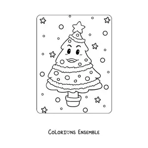 Image à colorier d'un petit sapin de Noël animé dans un pot