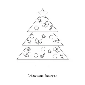 Image à colorier d'un petit sapin de Noël en forme de triangles décoré de cannes en sucre