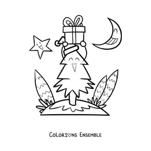 Image à colorier d'un petit sapin de Noël animé avec un cadeau, la Lune et une étoile en arrière-plan