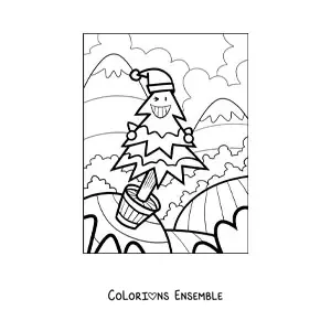 Image à colorier d'une caricature d'un petit sapin de Noël animé dans un pot