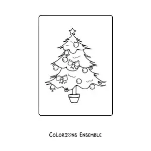 Image à colorier d'un petit sapin de Noël avec des nœuds dans un pot