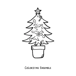 Image à colorier d'un petit sapin de Noël avec des décorations dans un pot