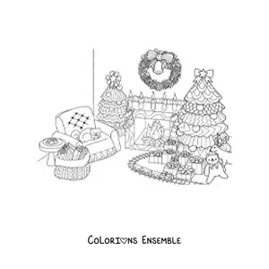 Image à colorier d'un petit sapin de Noël dans un salon décoré avec des cadeaux et des jouets en dessous