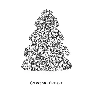 Image à colorier d'un petit sapin de Noël avec des fleurs et des cœurs