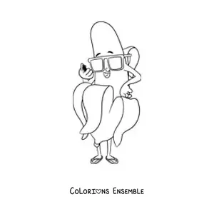 Image à colorier d'une banane animée avec des lunettes de soleil