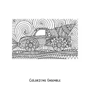 Image à colorier d'un petit sapin de Noël sur un camion, de style zentangle