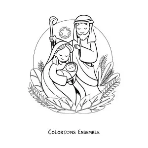 Image à colorier d'une jolie crèche de Noël