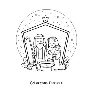 Image à colorier d'une crèche de Noël