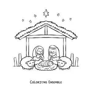 Image à colorier d'une crèche de Noël avec des moutons