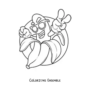 Image à colorier d'une banane animée qui salue avec des lunettes de soleil