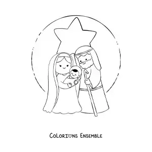 Image à colorier d'une crèche de Noël kawaii