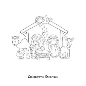 Image à colorier de la naissance de l'Enfant Jésus dans la mangeoire, avec une mule, un mouton et un chameau