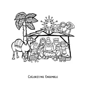 Image à colorier d'une crèche de Noël avec un chameau, des moutons, les Rois mages et l'ange Gabriel