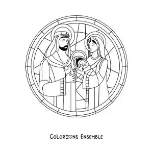 Image à colorier d'un vitrail avec une crèche de Noël