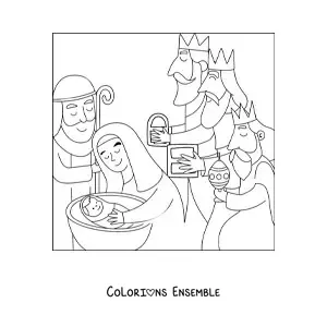 Image à colorier d'une crèche avec les Rois mages