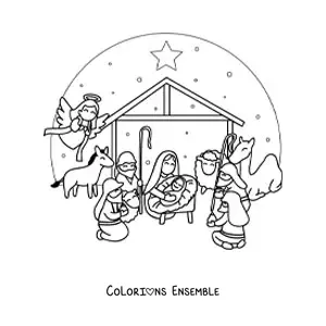 Image à colorier d'une crèche de Noël avec un chameau, un mouton, les Rois mages et l'ange Gabriel