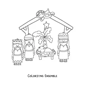 Image à colorier des Rois mages et de l'ange Gabriel avec l'Enfant Jésus dans la crèche