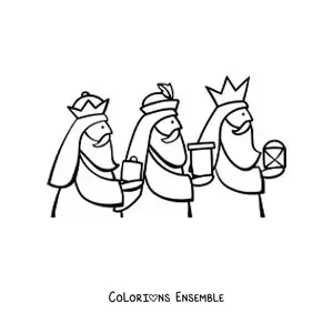 Image à colorier des Rois mages avec des cadeaux