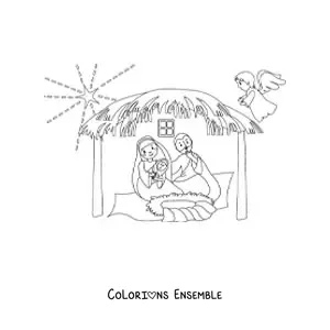 Image à colorier de Marie avec Joseph et Jésus dans la crèche