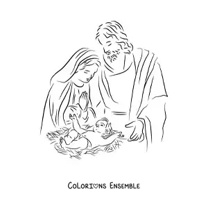 Image à colorier de Marie avec Joseph et l'Enfant Jésus