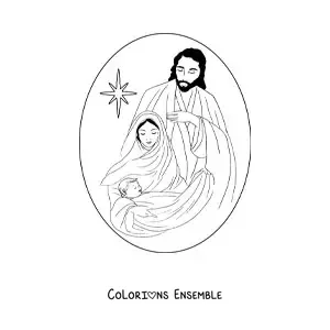Image à colorier de Marie avec Joseph et Jésus et l'étoile de Bethléem