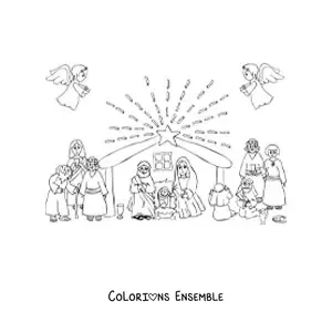 Image à colorier d'une crèche en dessin animé avec des bergers et des anges