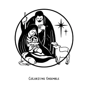 Image à colorier de Marie, Joseph et Jésus avec des animaux
