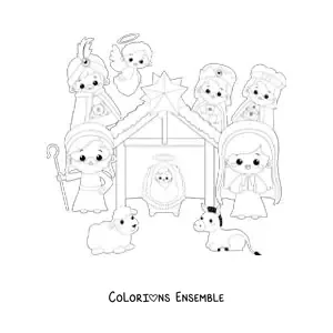 Image à colorier d'une crèche de Noël kawaii avec un mouton, une mule, les Rois mages et l'ange Gabriel