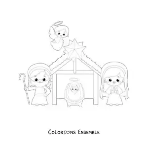 Image à colorier d'une crèche de Noël kawaii avec l'ange Gabriel