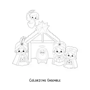 Image à colorier des Rois mages kawaii avec l'Enfant Jésus