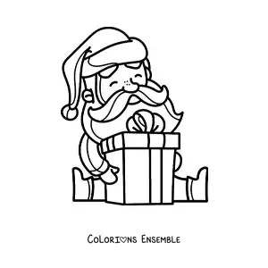 Image à colorier du Père Noël kawaii assis avec un cadeau