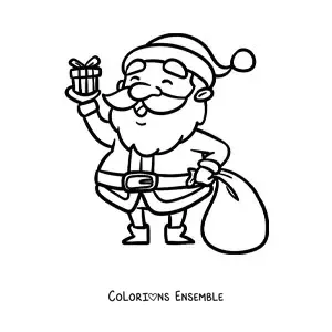 Image à colorier du Père Noël kawaii avec un cadeau