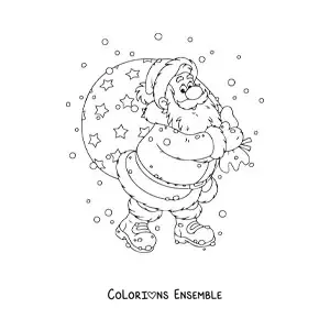 Image à colorier du Père Noël en dessin animé avec des cadeaux