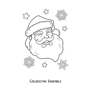 Image à colorier du visage du Père Noël les yeux fermés, avec des flocons de neige en fond