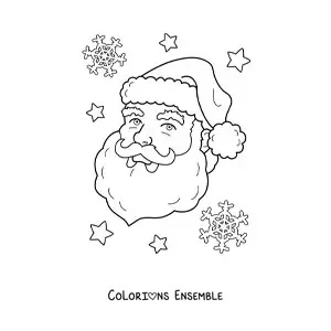 Image à colorier du visage du Père Noël souriant, avec des flocons de neige en fond