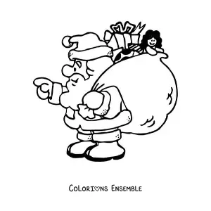 Image à colorier d'un Père Noël en dessin animé avec des cadeaux