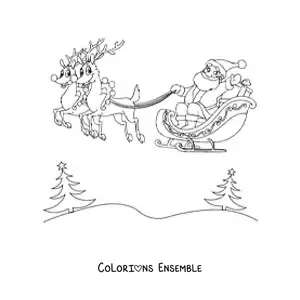 Image à colorier du Père Noël volant dans son traîneau tiré par des rennes
