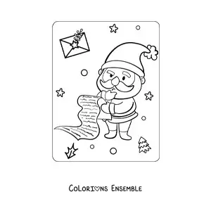Image à colorier du Père Noël kawaii vérifiant la liste des enfants sages