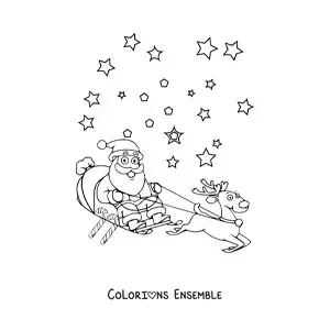 Image à colorier du Père Noël en dessin animé dans un traîneau avec un renne