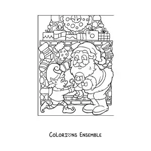 Image à colorier du Père Noël avec un elfe et des jouets
