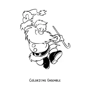 Image à colorier du Père Noël tenant son bonnet et une canne pendant qu'il saute
