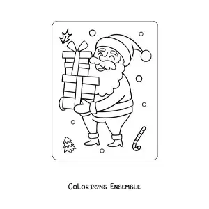 Image à colorier du Père Noël avec une pile de cadeaux