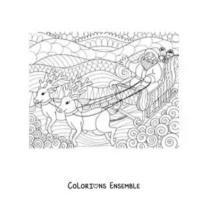 Image à colorier du Père Noël dans son traîneau avec des rennes, de style zentangle