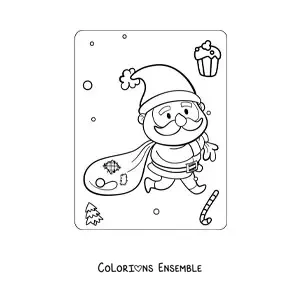 Image à colorier de saint Nicolas kawaii avec des cadeaux