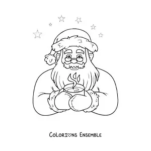 Image à colorier du Père Noël avec une boisson chaude