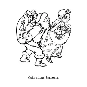 Image à colorier du Père Noël et de la Mère Noël avec des cadeaux
