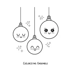 Image à colorier de boules de Noël kawaii en dessin animé