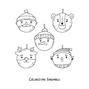 Image à colorier de boules de Noël en forme d'ours, de Père Noël, d'elfe, de renne et de bonhomme de neige