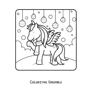 Image à colorier d'une licorne avec des boules de Noël en arrière-plan
